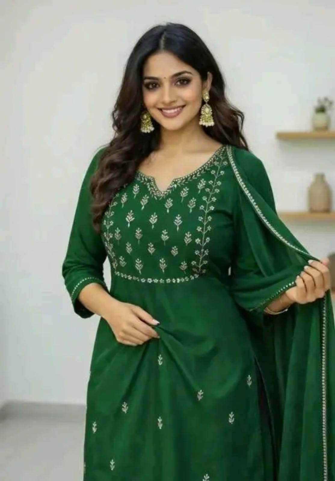 Women’s Elegant Dark Green Embroidered Straight Kurta Set with Dupatta | Festive & Ethnic Wear