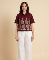 Women's Trendy Embroidered Maroon Short Sleeve Shirt & And Top
