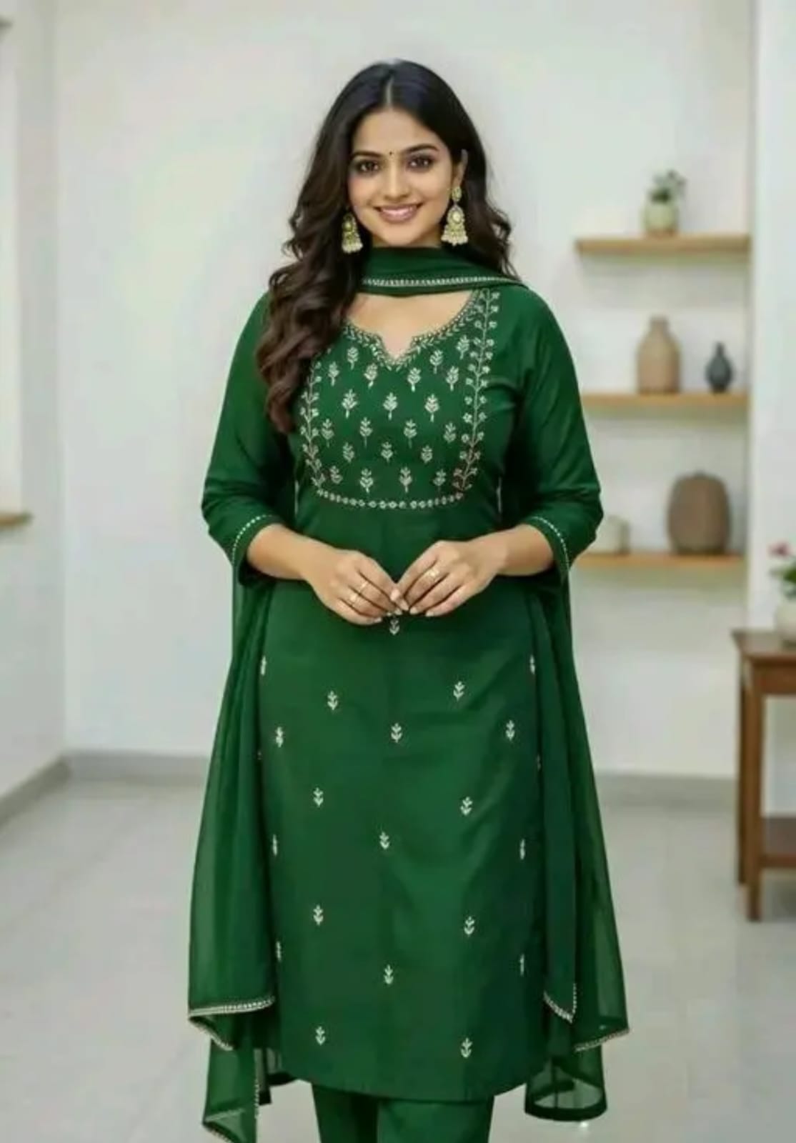 Women’s Elegant Dark Green Embroidered Straight Kurta Set with Dupatta | Festive & Ethnic Wear