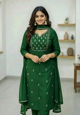 Women’s Elegant Dark Green Embroidered Straight Kurta Set with Dupatta | Festive & Ethnic Wear