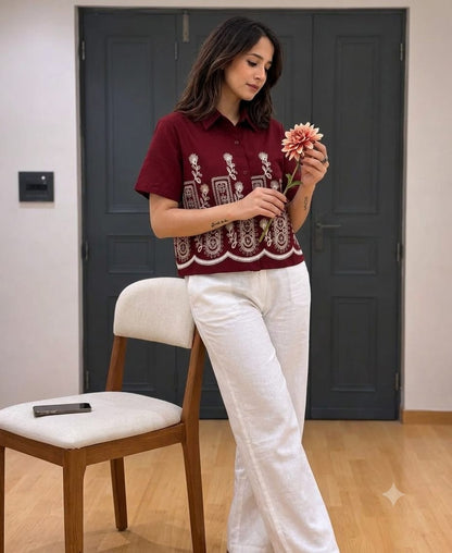 Women's Trendy Embroidered Maroon Short Sleeve Shirt & And Top