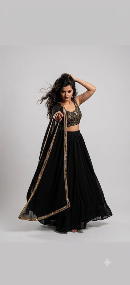 Women Black Top & Flared Lehenga set With sh......