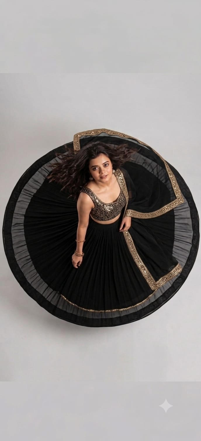 Women Black Top & Flared Lehenga set With sh......