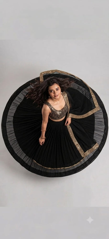 Women Black Top & Flared Lehenga set With sh......