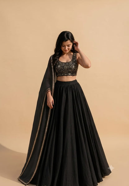Women Black Top & Flared Lehenga set With sh......