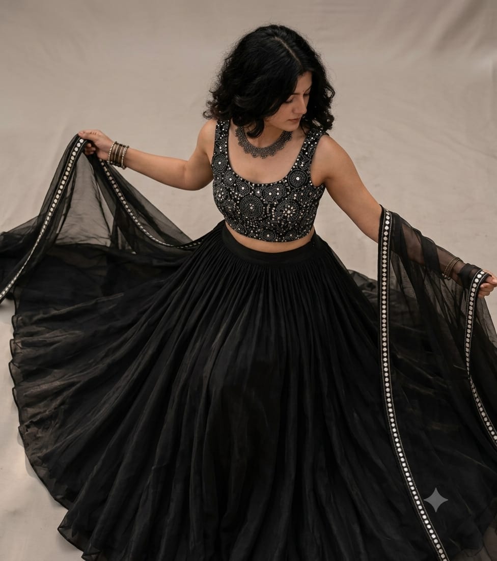 Women Black Top & Flared Lehenga set With sh......