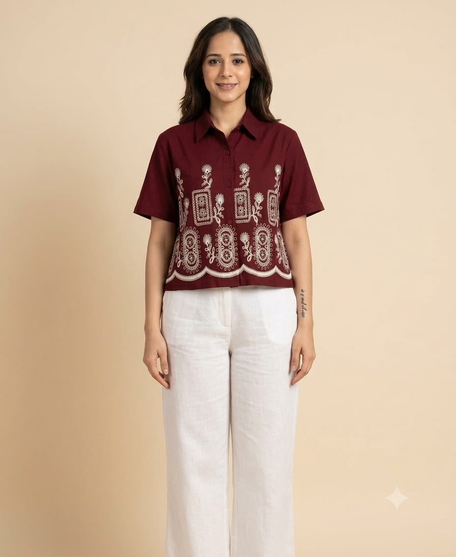 Women's Trendy Embroidered Maroon Short Sleeve Shirt & And Top