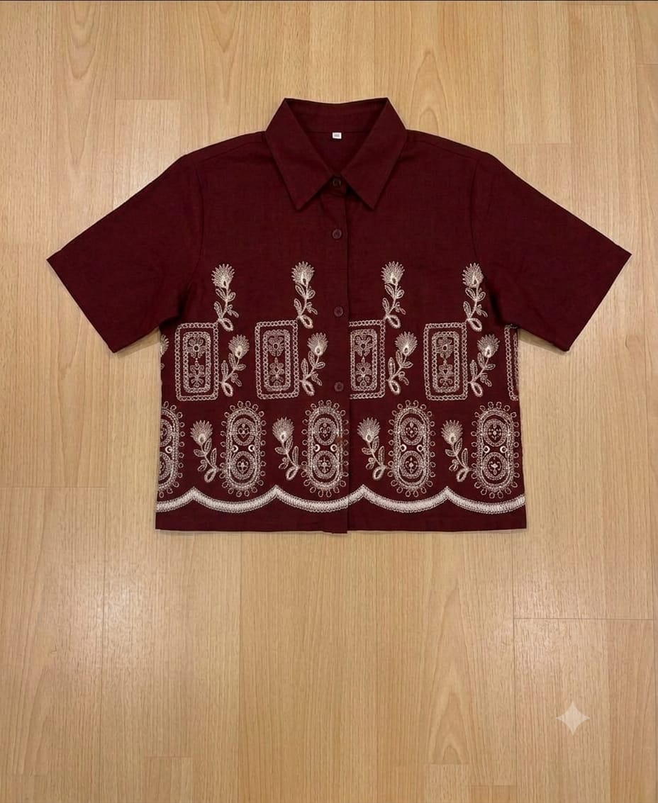 Women's Trendy Embroidered Maroon Short Sleeve Shirt & And Top