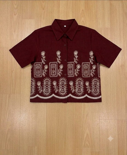 Women's Trendy Embroidered Maroon Short Sleeve Shirt & And Top