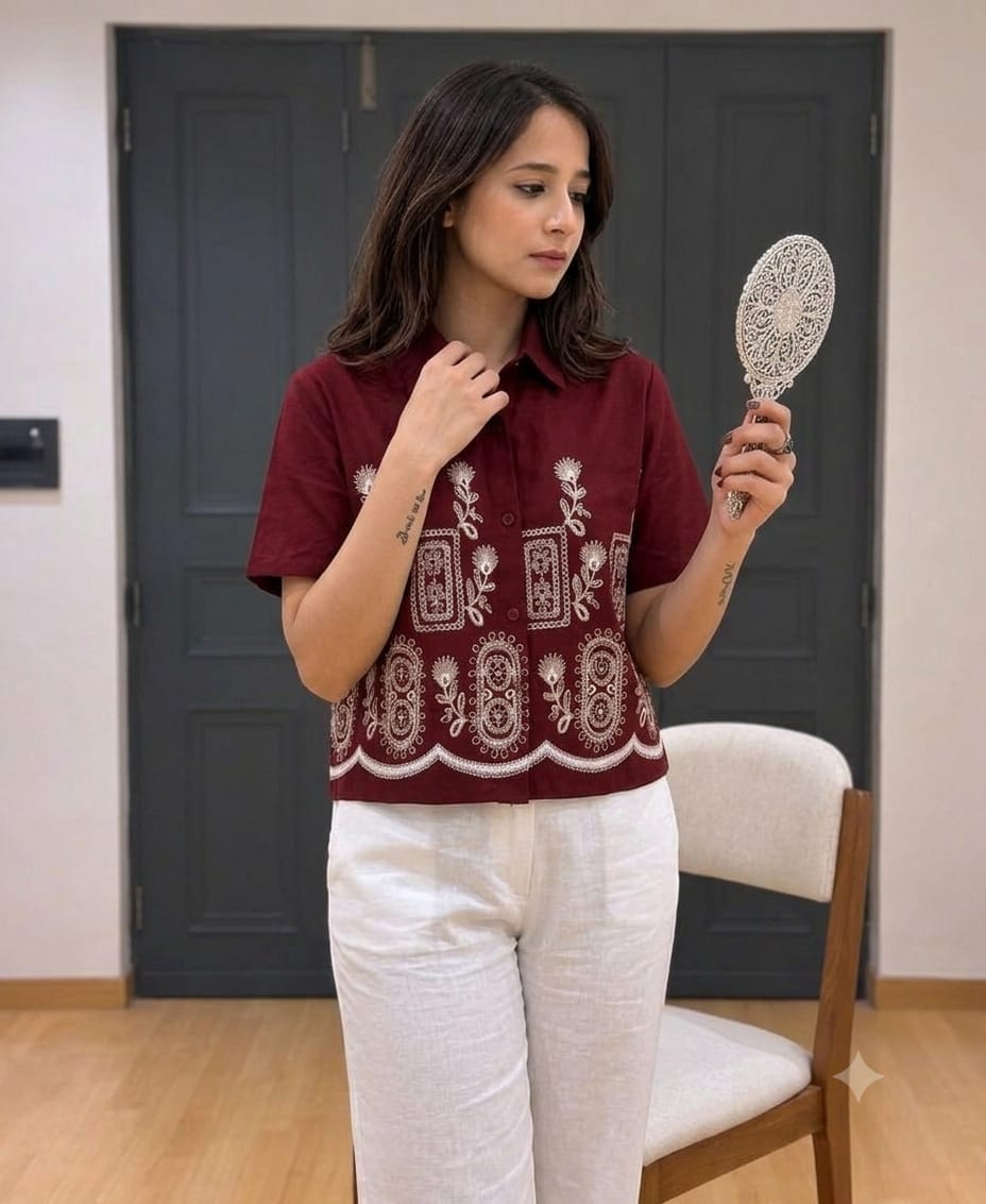 Women's Trendy Embroidered Maroon Short Sleeve Shirt & And Top